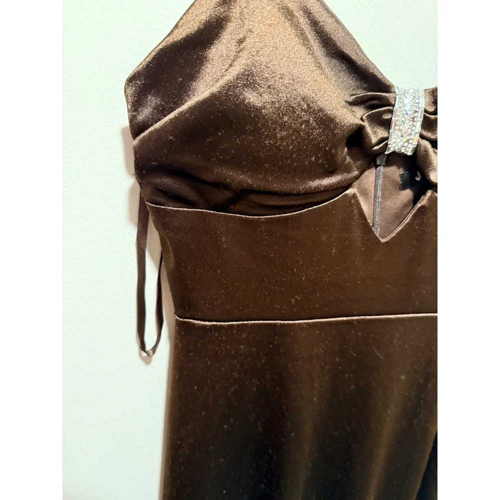 Jump Apparel Chocolate Brown Satin Rhinestone Prom Maxi Dress Size 3/4 NEW‎